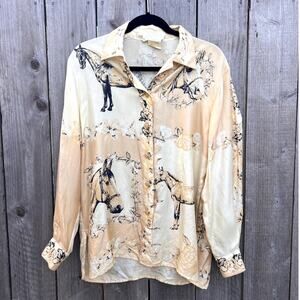 Escada by Margaretha Ley | Vtg 90s Equestrian Rose Print Silk Blouse Cream Sz 36